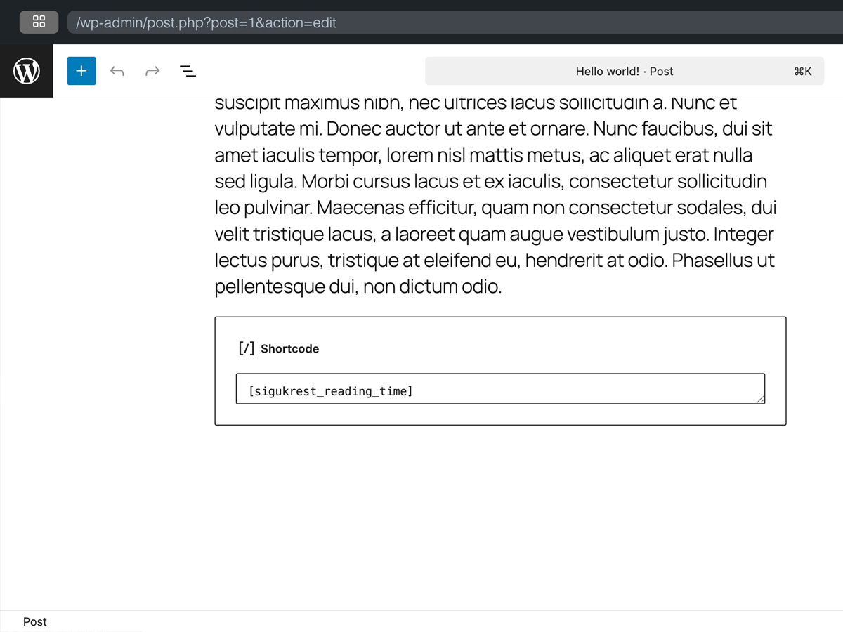 Shortcode usage example in the WordPress editor