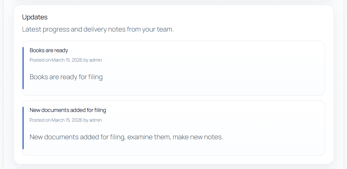 Updates timeline inside the client portal