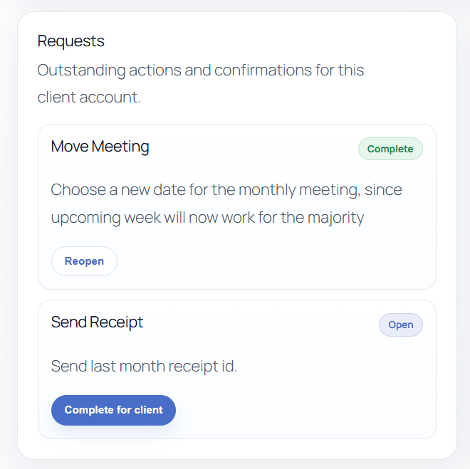 Requests checklist with client completion actions
