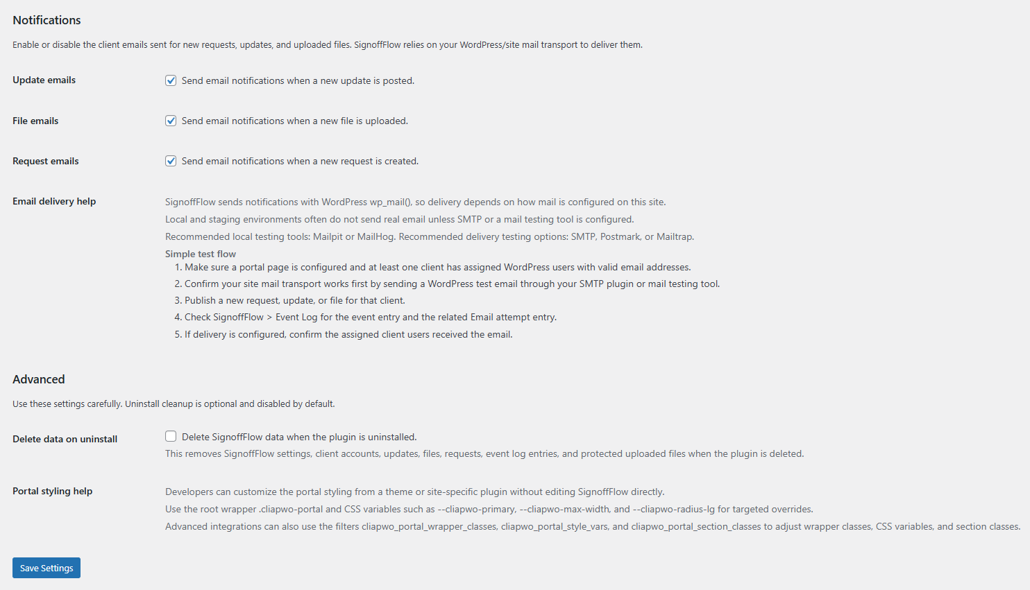 SignoffFlow settings and notification toggles