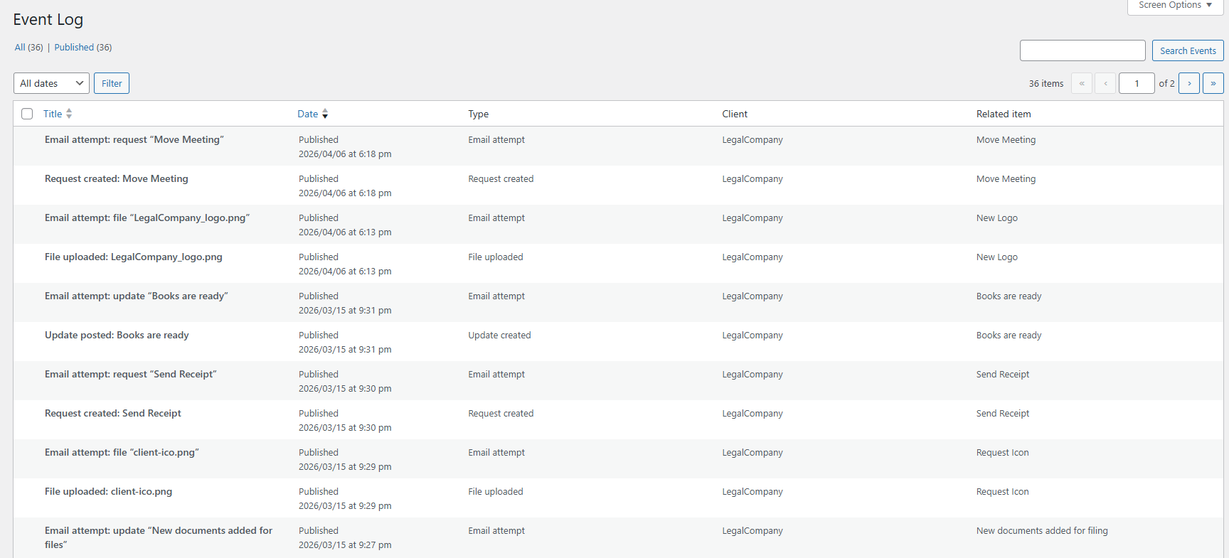 Event Log showing audit and email-attempt entries