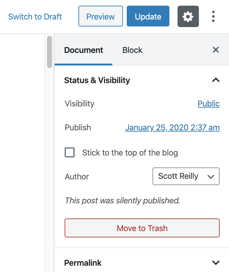 The "Status & Visibility" panel when editing a post that was published with silent publish enabled. The message "This post was silently published." is shown to indicate the post was silently published. If the post has been published without silent publish enabled, no text or checkbox would be shown in its place.