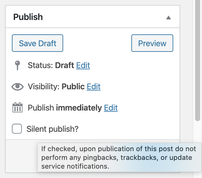 The 'Silent publish?' checkbox displaying help text when hovering over the checkbox.