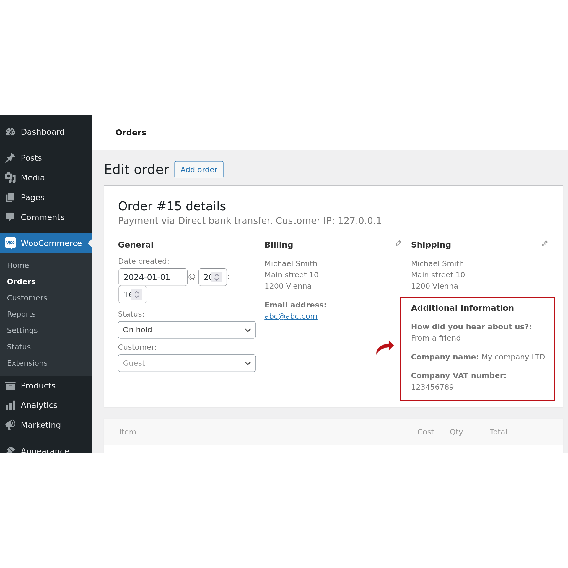 The input field's value on the `Edit Order` page in the admin