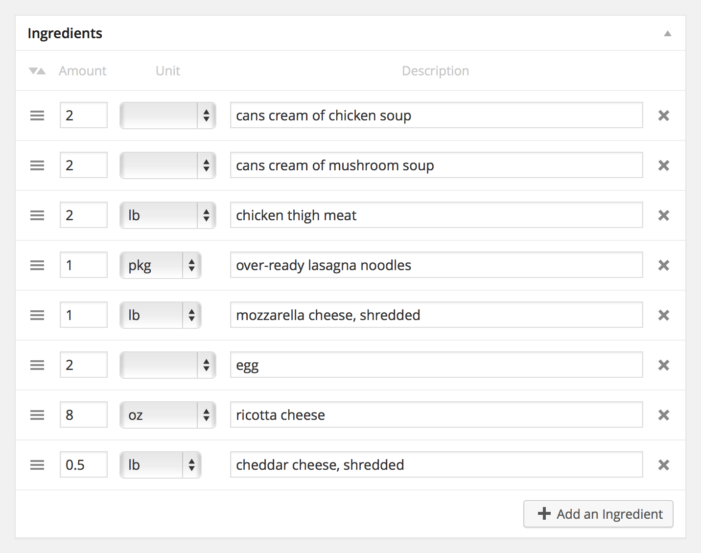 Simmer's recipe ingredients editor.