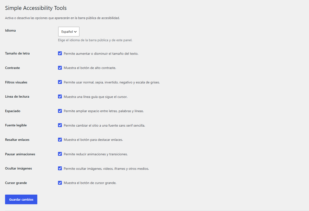 Admin settings panel with option checkboxes and language selector.