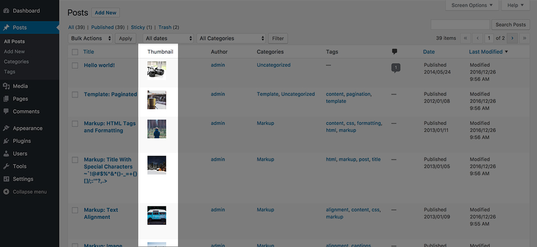 `Post Thumbnail` Column: You can create `Featured Image` or `Post Thumbnail` column in posts and pages admin screen.