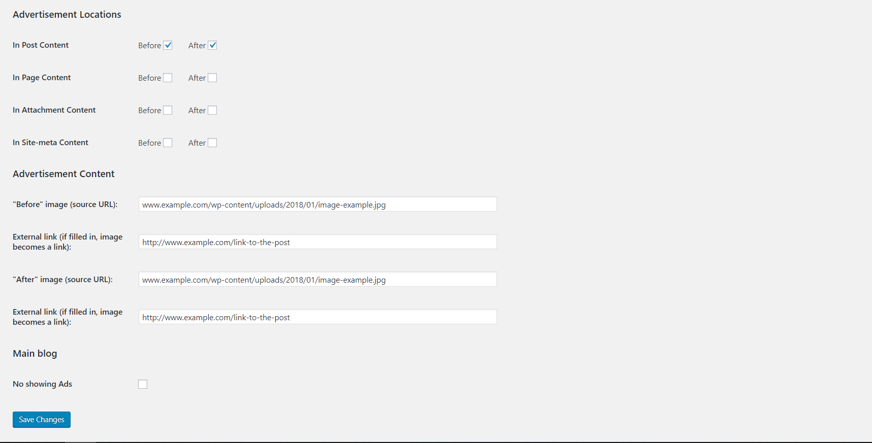 Settings page in network administration