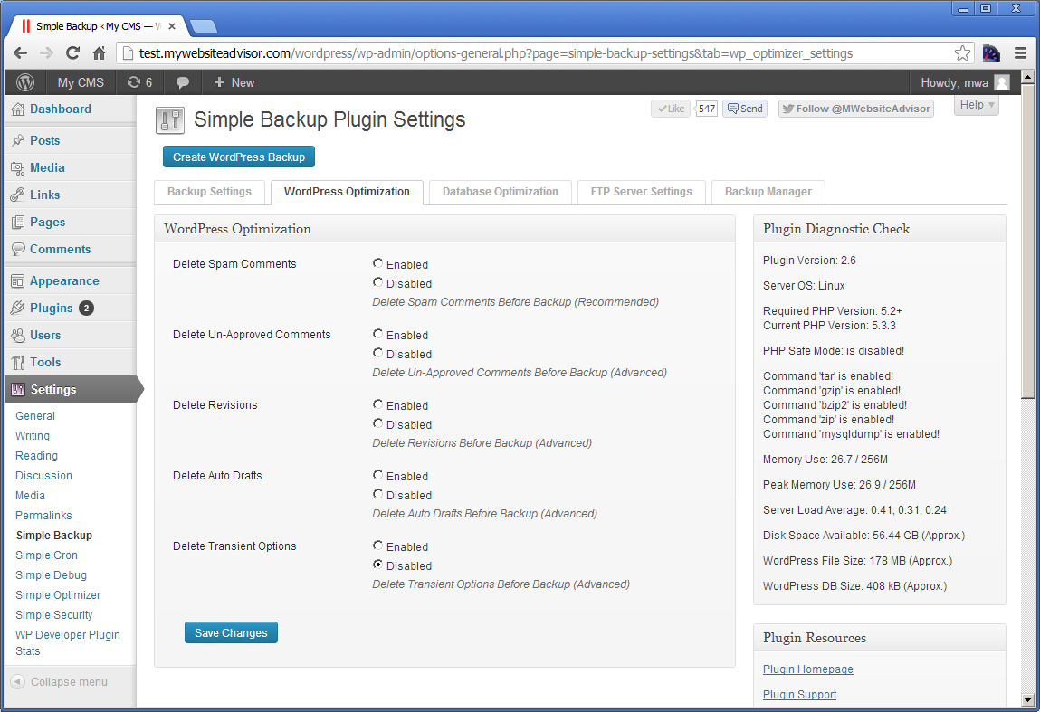 Basic Backup Settings Page