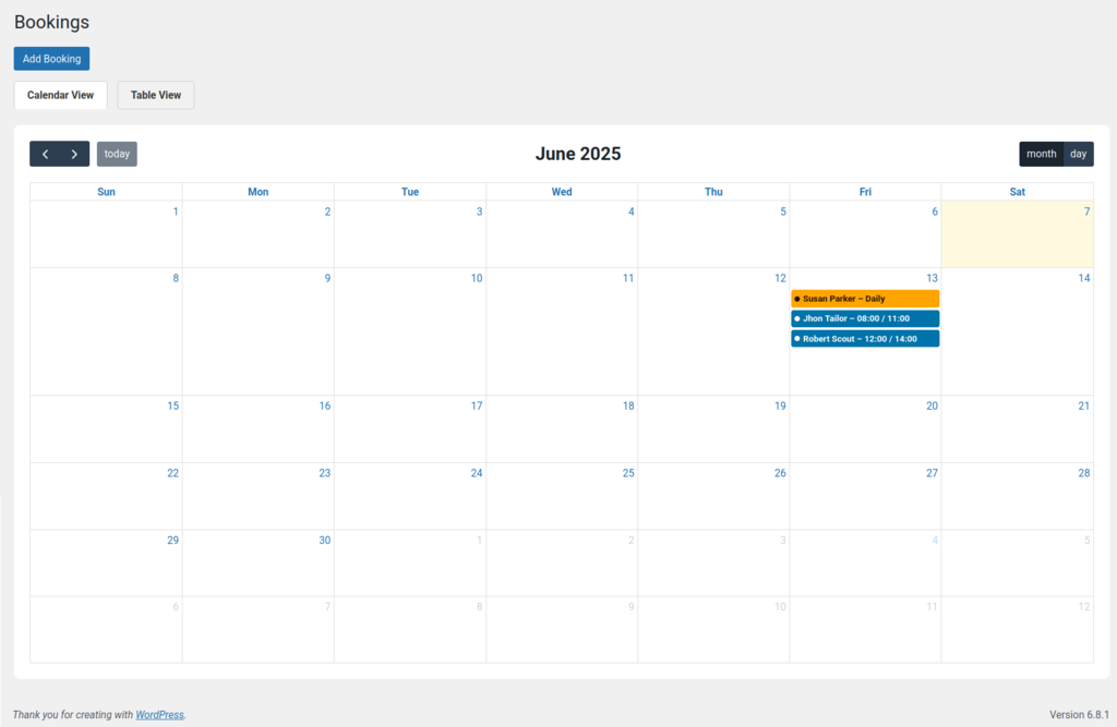 Bookings Page (FullCalendar) – Calendar view of bookings.