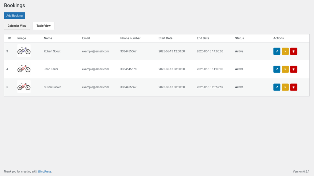 Bookings Page (Table View) – Tabular view of all bookings.