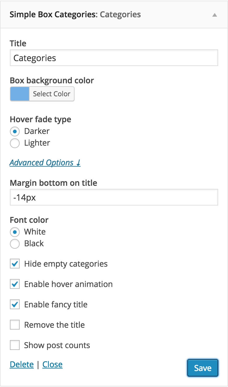 The admin menu panel with all the configuration options. Very simple but gives access to much variation.