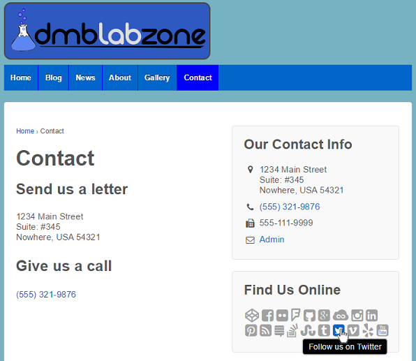 Your information is displayed on your theme, with or without the Font Awesome icons in any page, post, or text widget.