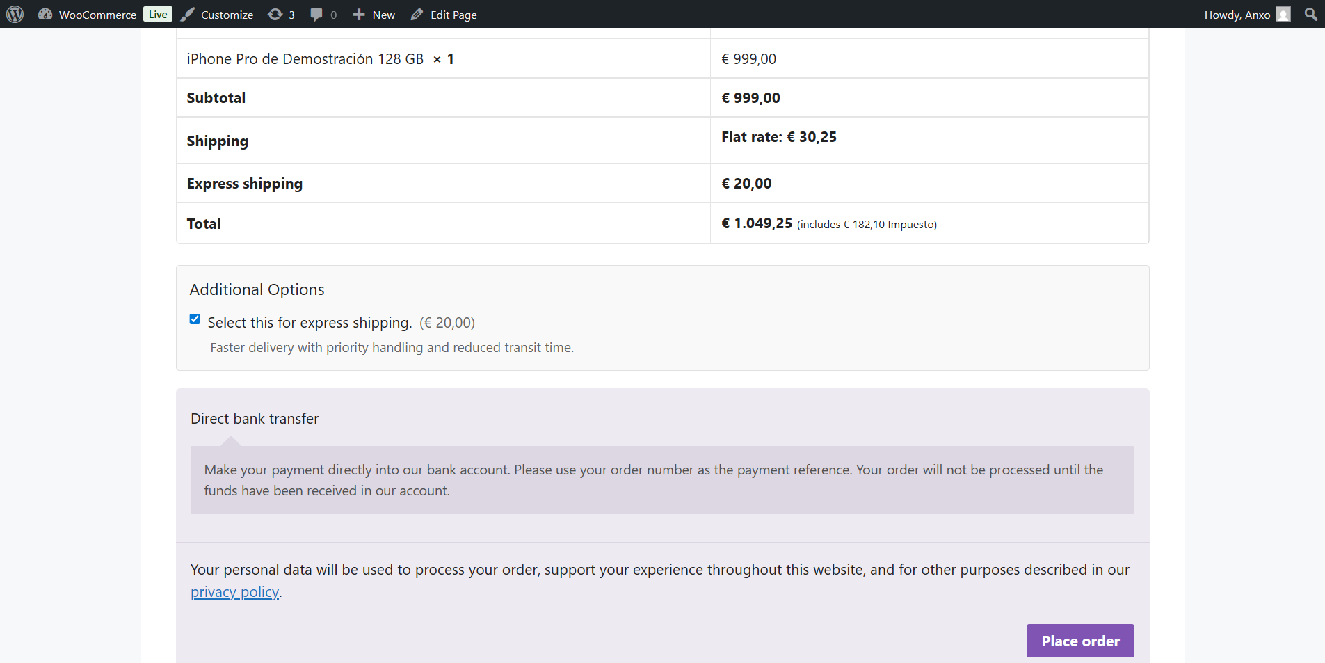 Fee displayed at checkout