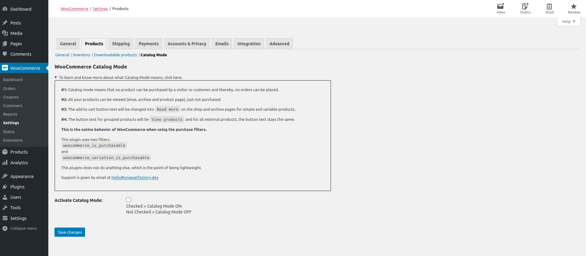 How to open and read the information on the catalog settings page