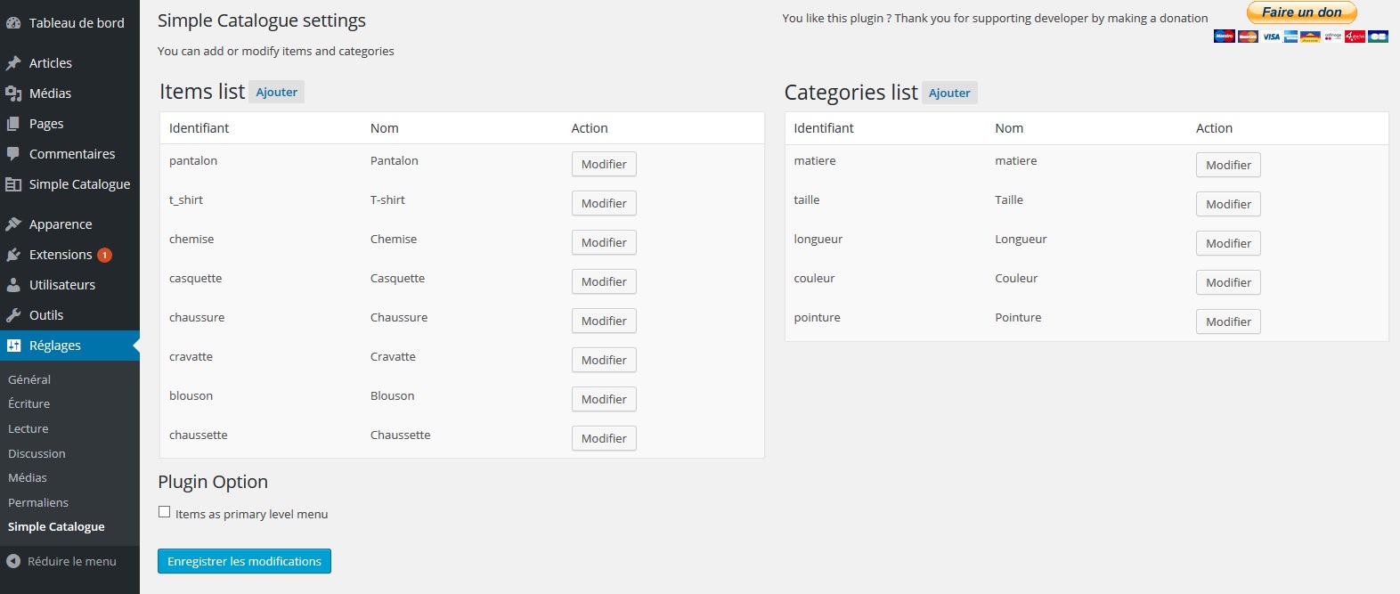 Main settings page, you can add items and manage it. Note option are available here (only one for the moment)