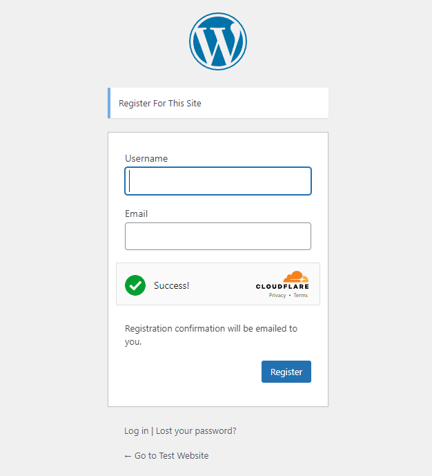 Example Turnstile on the WP Register Page