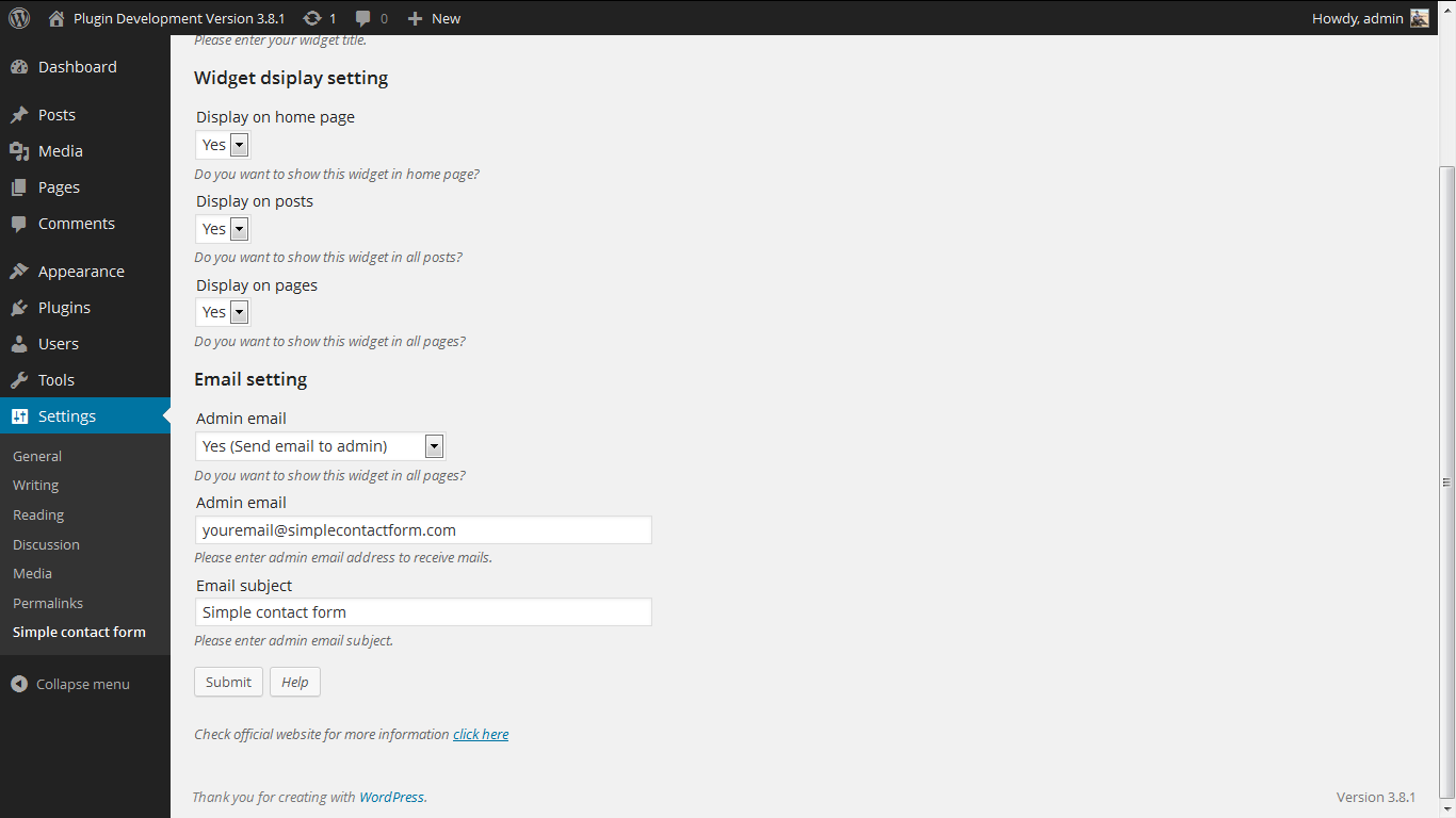 Admin Screen. http://plugins.readygraph.com/simple-contact-form/screenshots/