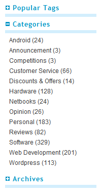 This demonstrates the plugin in use on my own site's sidebar - the second of the three sections has been revealed, whereas the other two are still hidden. Note the use of the icon to show its status.