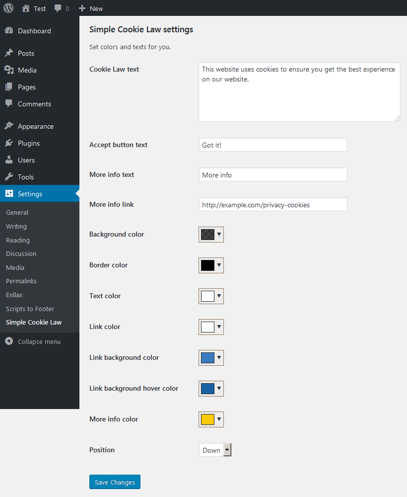 Settings page