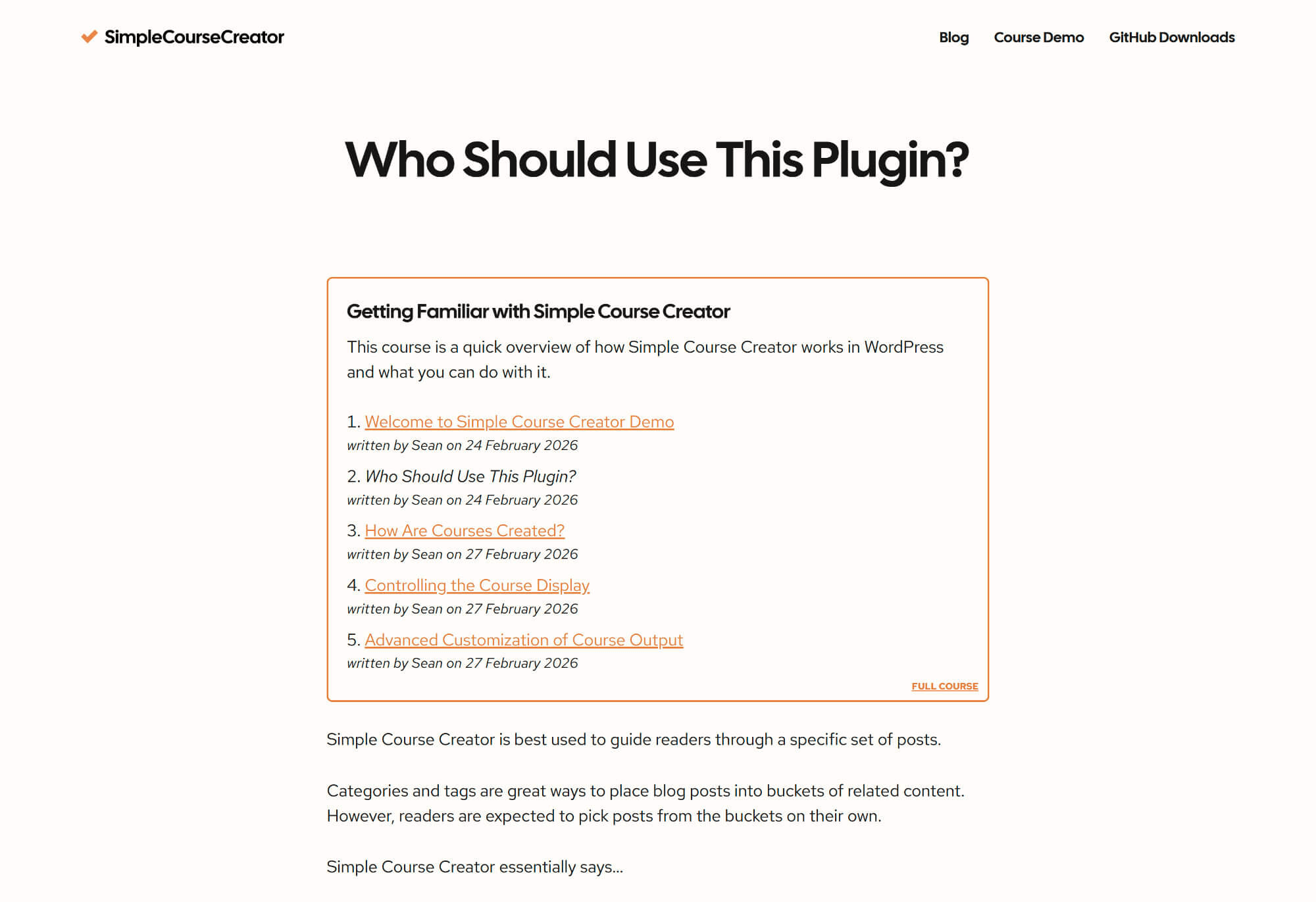 Course listing expanded with author and date post meta