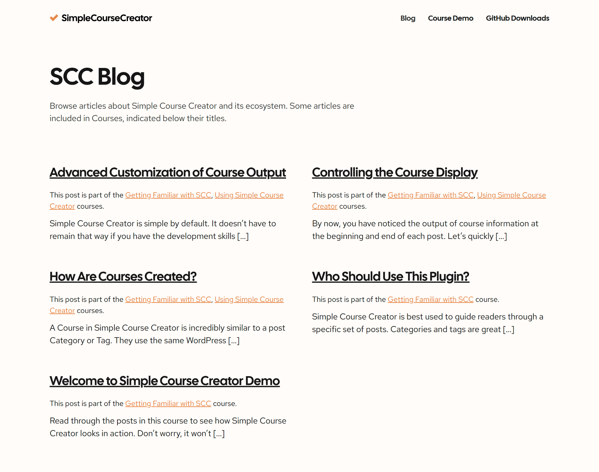 Front display text on a single post, showing which course(s) it belongs to