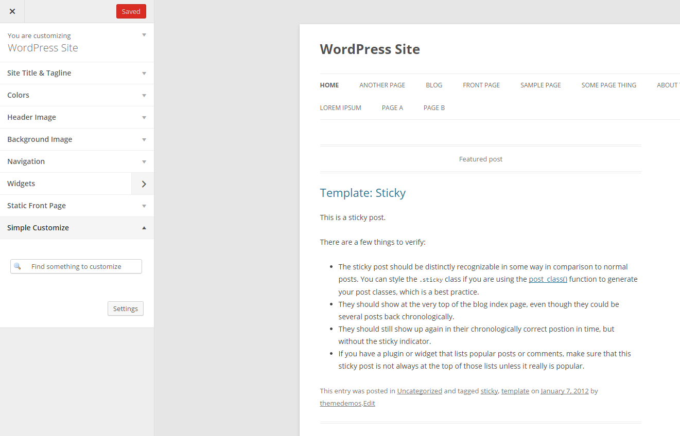 The Simple Customize alternative added to the WordPress customize page