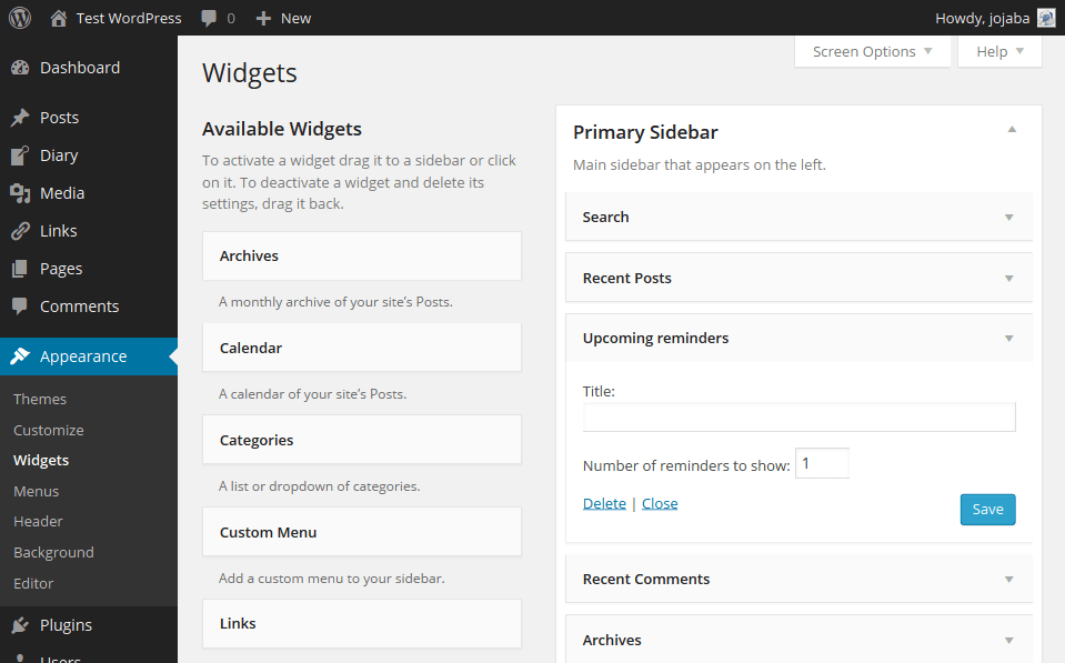 The Simple Diary widget in the admin page