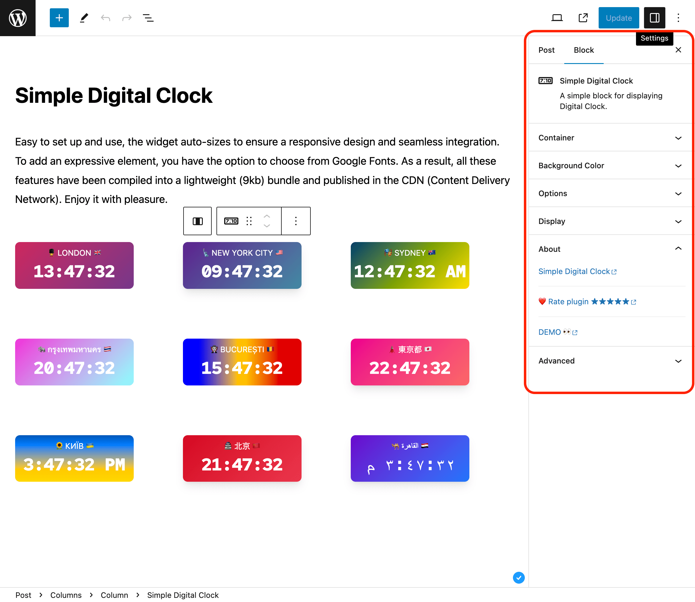 screenshot-2.png – Editor view: Gutenberg sidebar settings for the block (Container, Background Color, Options, Display, About, Advanced) to tweak size, radius, shadow, font, locale, time zone, seconds, date, etc.