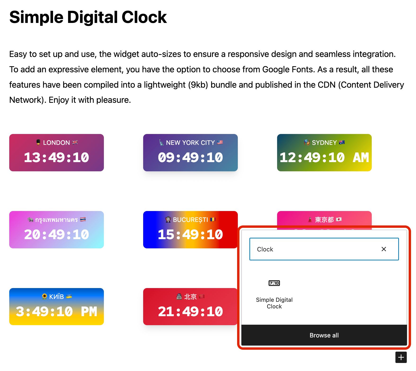 screenshot-3.png – Block inserter: searching “Clock” and selecting the Simple Digital Clock block to add it to the page.