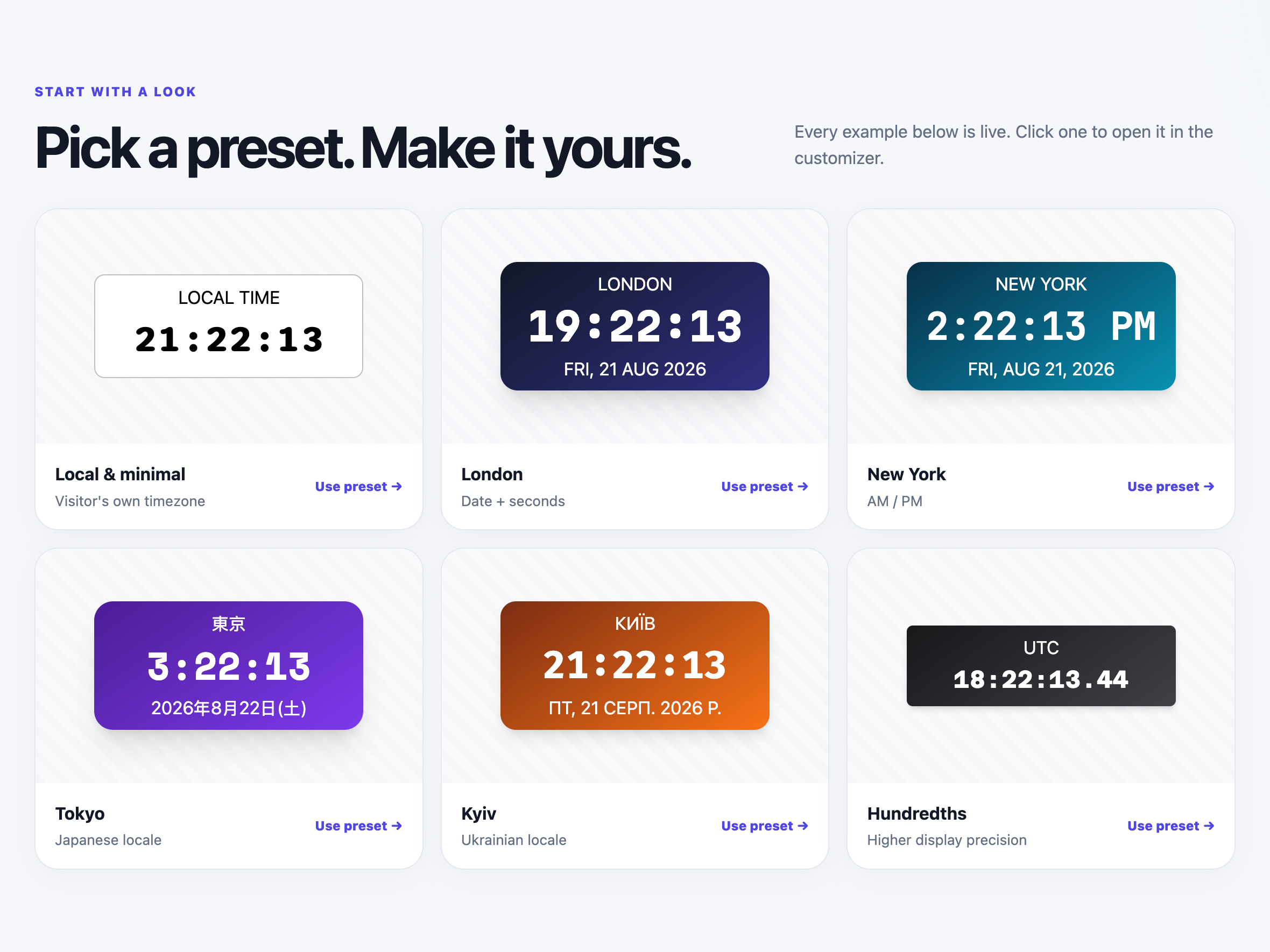 screenshot-4.png – Live preset gallery showing Local Time, London, New York, Tokyo, Kyiv, and the Hundredths preset.