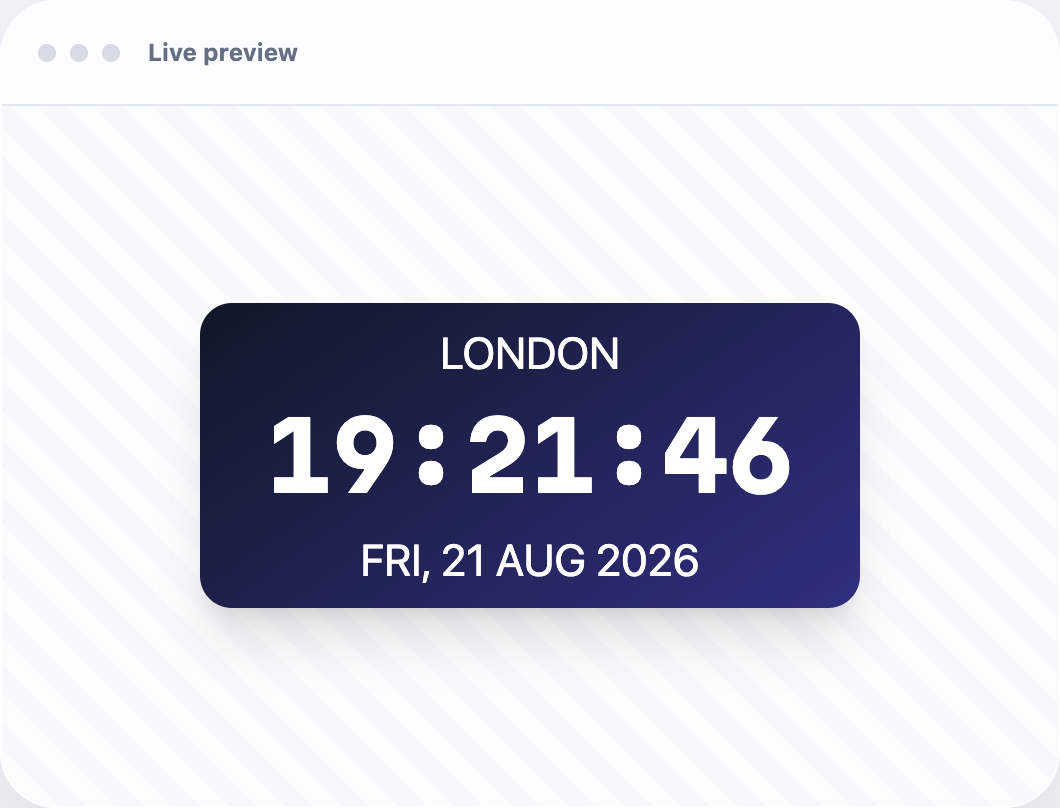 screenshot-5.png – Live preview of a customized London clock with caption, seconds, date, color, radius, and shadow.