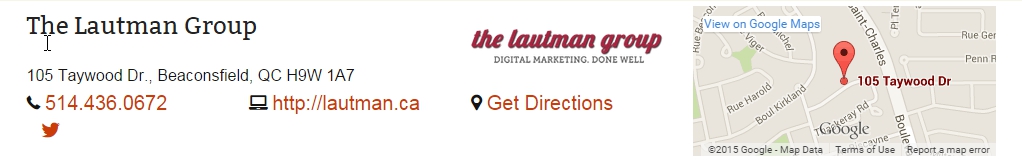 Basic output of a listing, showing the title, address, phone number, url, directions link and map.
