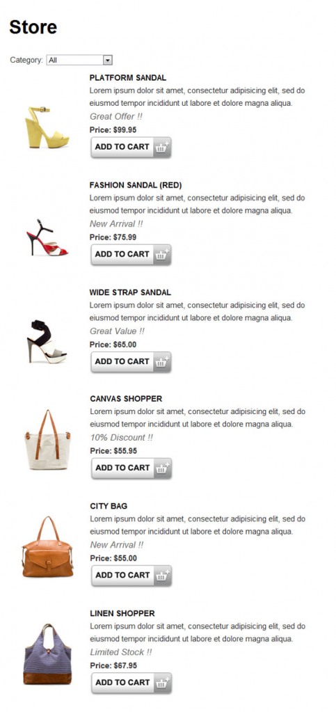 Example of simple-ecommerce storepage list view.