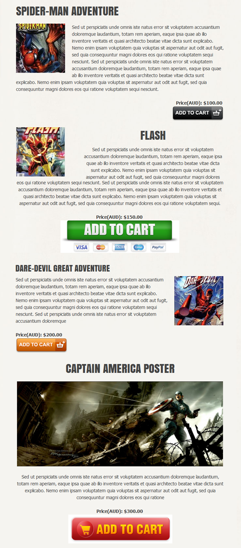 Example of simple-ecommerce placing products on post.