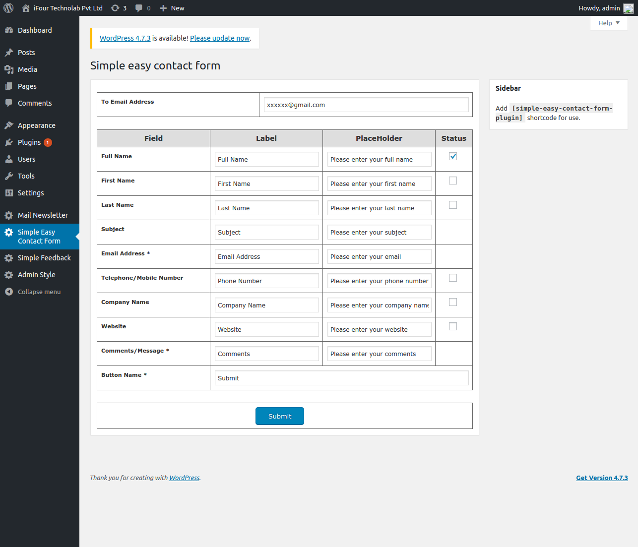 Admin back end to save contact form screenshot.
