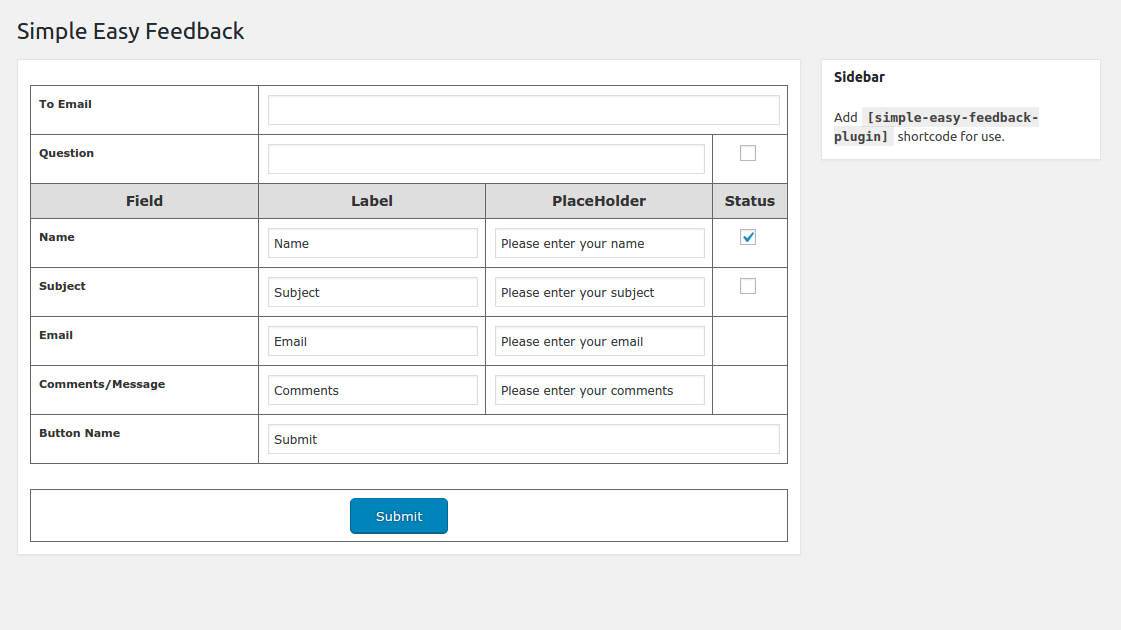 Admin back end to save feedback form screenshot.