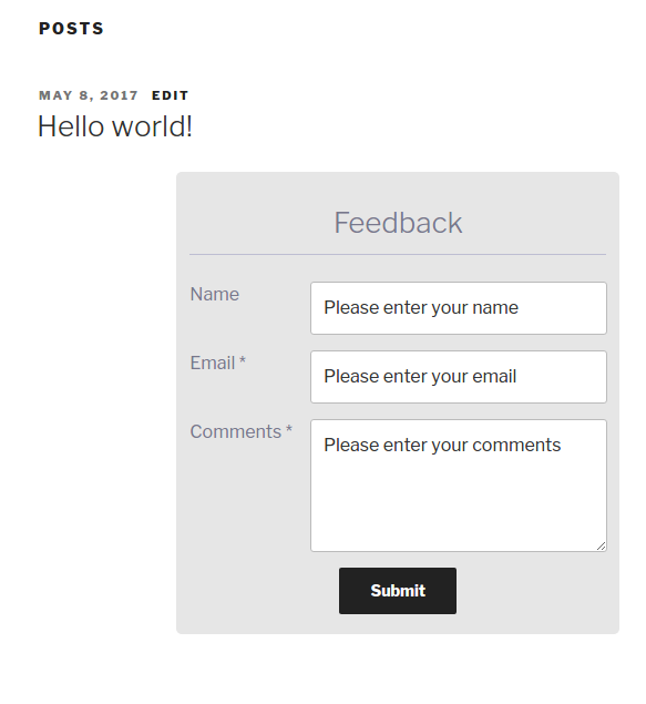 Front end user feedback form send feedback box screenshot.