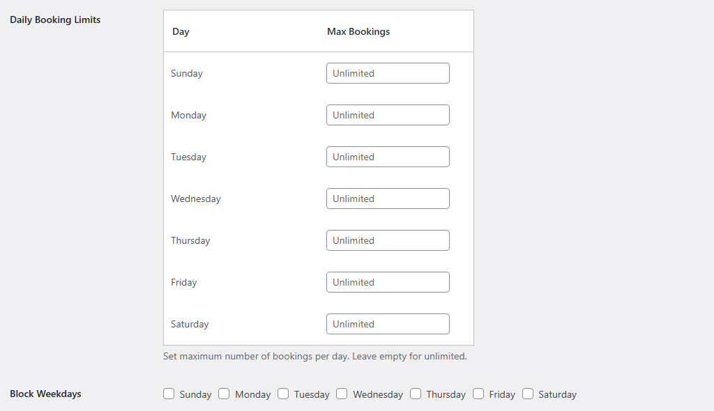 **Admin Settings:** The configuration page for daily booking limits, blocked days.