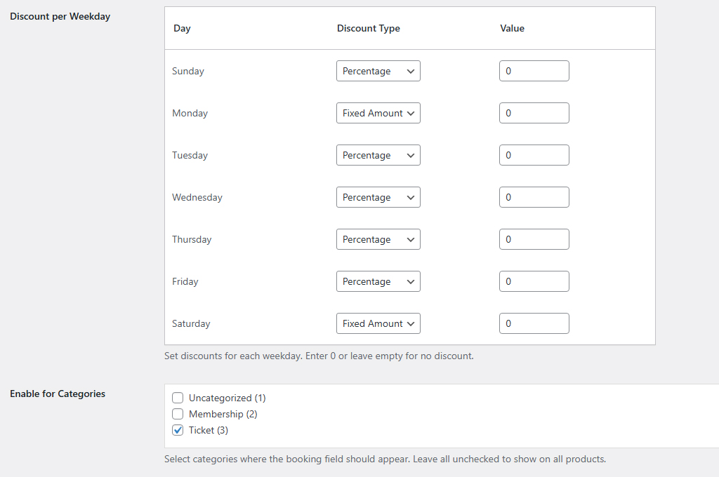 **Admin Settings:** The configuration page for discount per weekdays, category control.