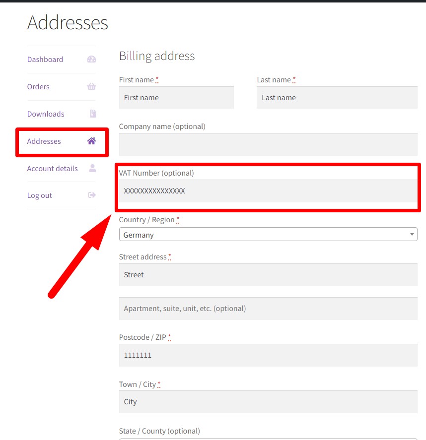 On the Woocommerce my-account page. In the billing address part.