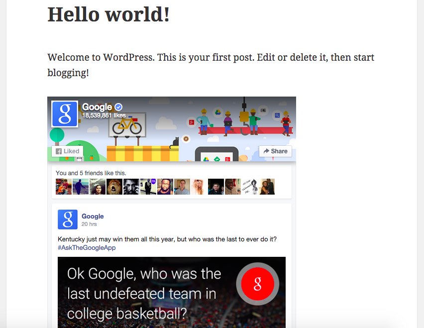 Frontend view of the Facebook Page shortcode.