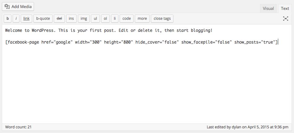Backend view of the Facebook Page shortcode.