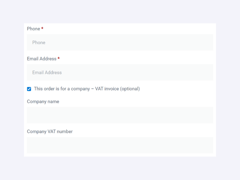 Checkout example with the company / VAT invoice checkbox and fields.