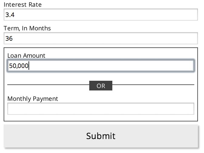 Enter EITHER a monthly payment, or loan amount