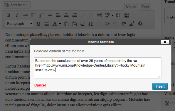 The overlay box where the user enters the text content of the footnote (it can accept HTML).