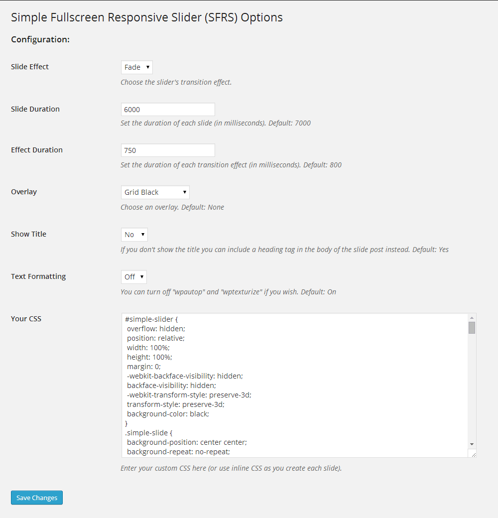 The options panel for Simple Slider.