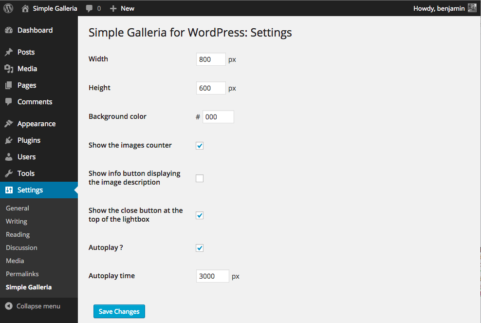 The admin option panel