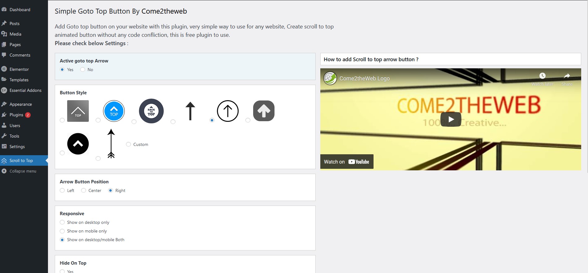 Simple Goto Top Button Setting view.