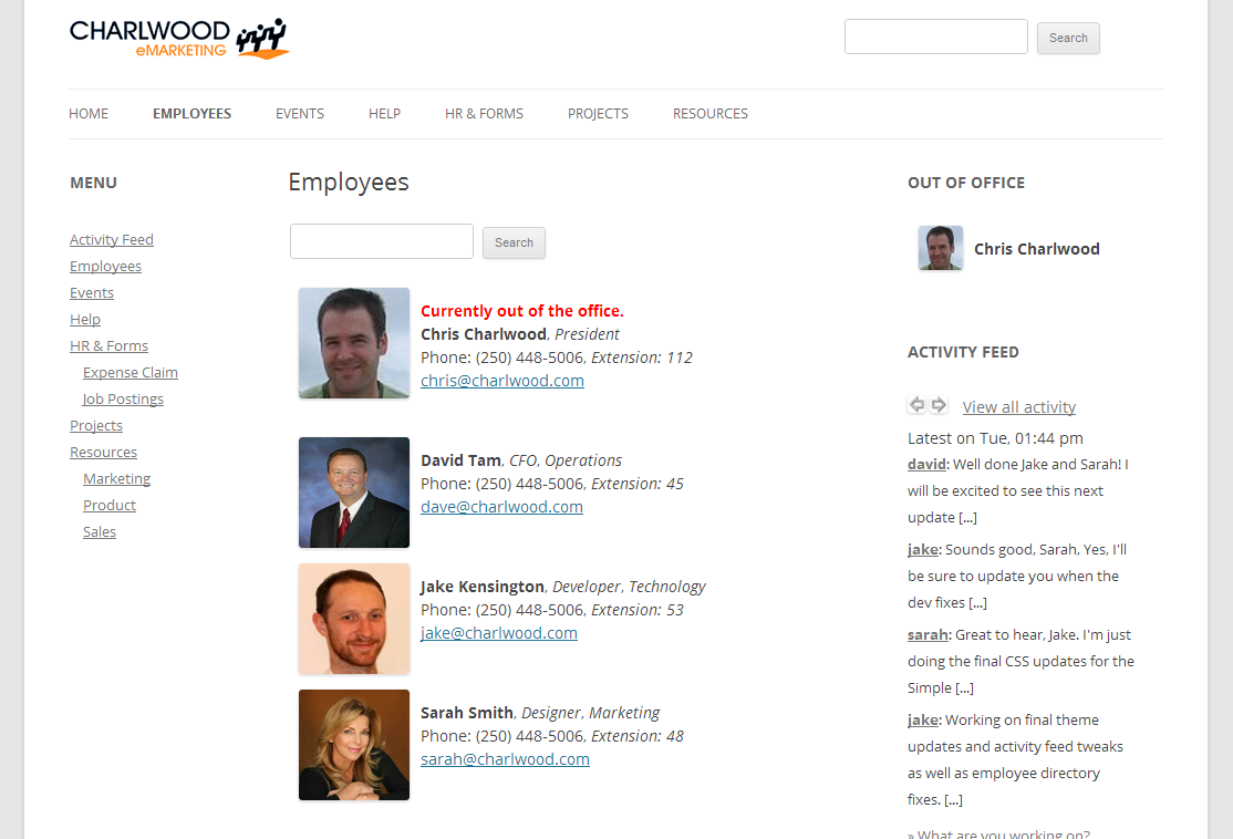 This screen shot shows the Simple Intranet Directory with employee extended profile information and user avatars.
